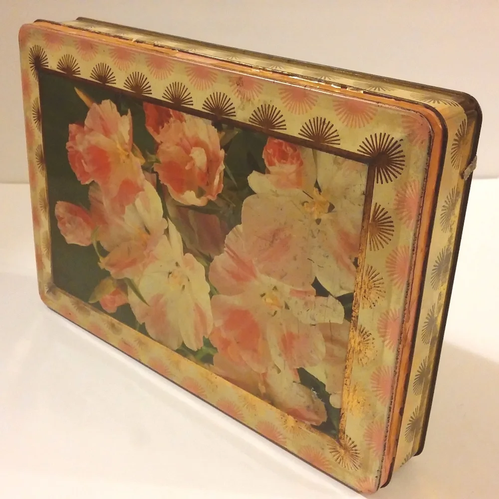 Vintage Floral Tin Box with Pink and Gold Design